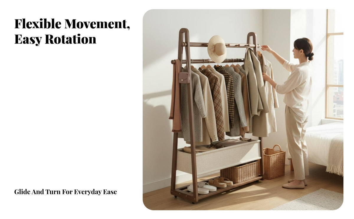 Integrated Laundry Basket Rolling Valet with Hamper Floor Standing Freestanding Clothes Rack Sturdy Garment Stand Space-Saving for Apartment Dwellers, Students, householders, Bedroom, Entryway, Dorm Room, full-length Closet