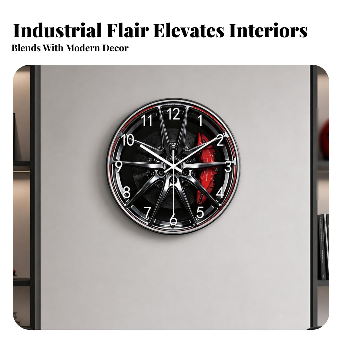 Black Dial Car Wheel Hub Clock Silver-Toned Rim Wheel Hub Clock Non-Ticking House Accent Easy to Hang