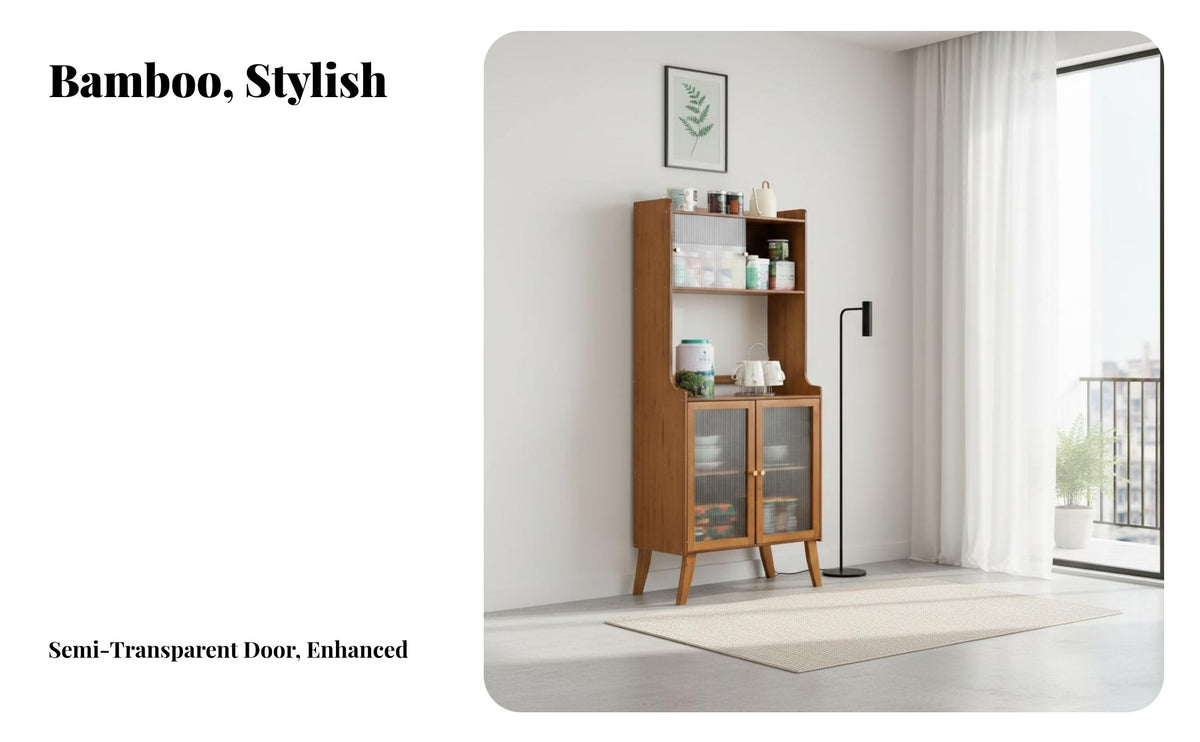 Bamboo Sideboard Cabinet Modern Minimalist Design Tall Bamboo Hutch Cabinet Large Capacity Kitchen Storage Hutch for Homeowners, Families, Dining Room