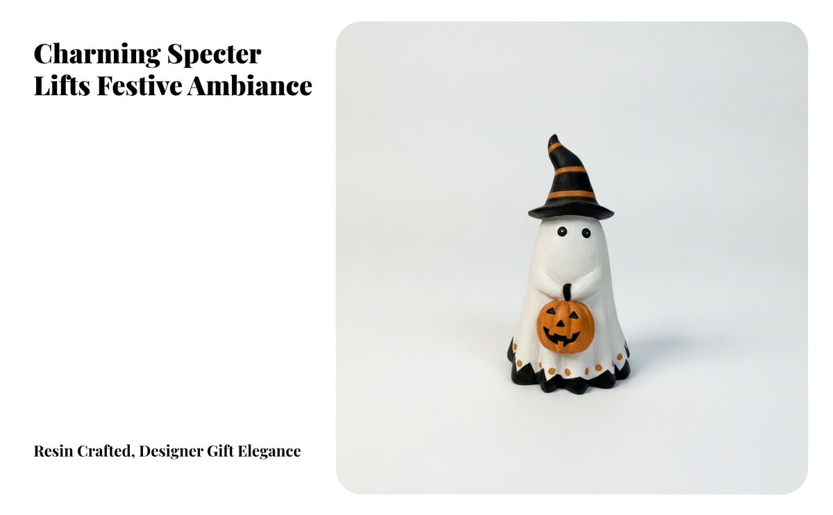 Festive Pumpkin Specters Resin Ornament | Cute Spooky Style, Compact Tabletop Design, Specters Figurine with Witch Hat