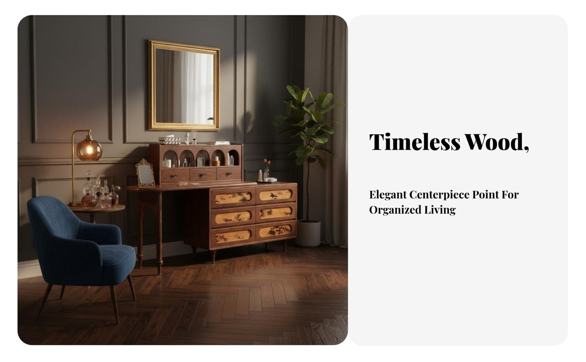 Vintage design Extendable Dressing Table with Side Cabinet Integrated Storage Makeup Desk Rounded Corners Bedroom Furniture Large Round Mirror for Women, Homeowners, Apartment, Walk-in Closet