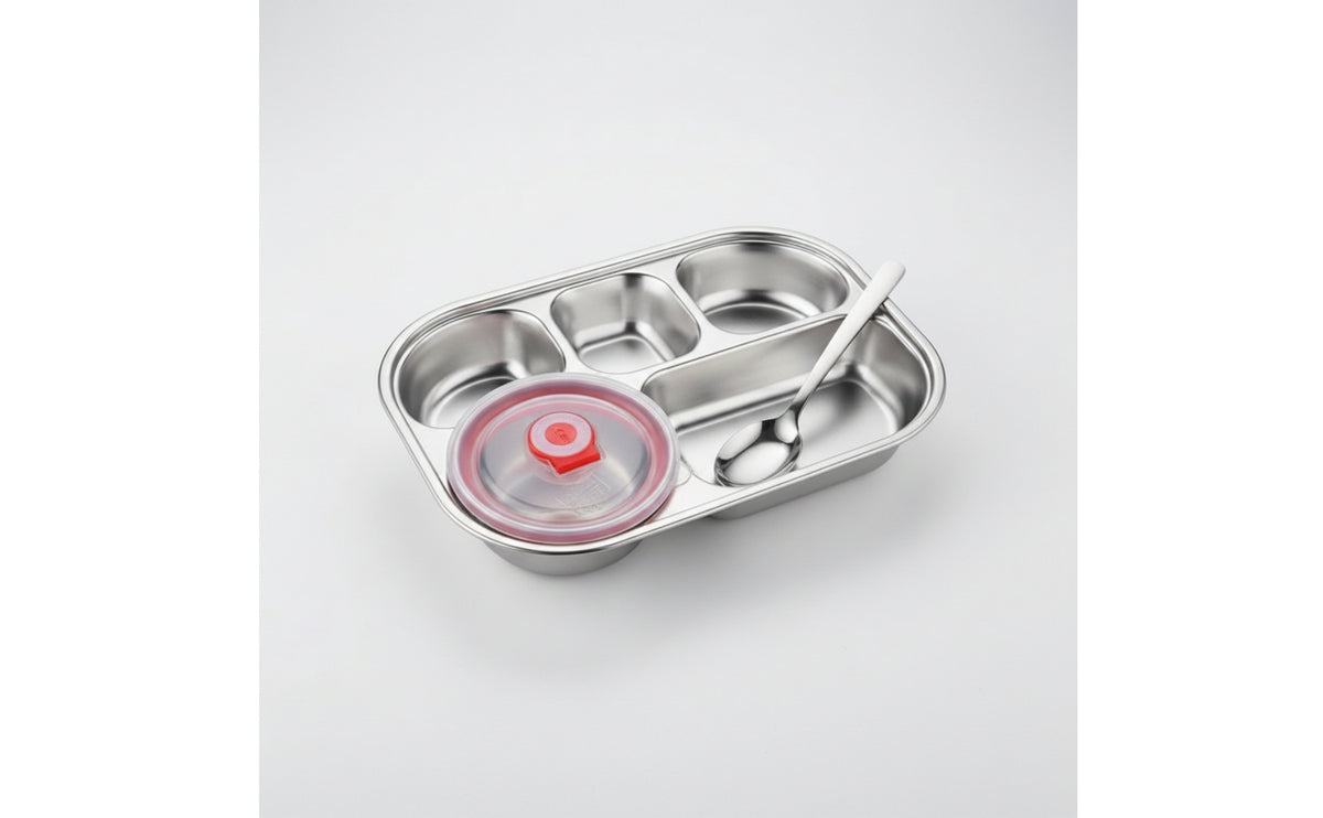 Lunch Tray with Lid Rectangular Compartment Plate with Bowl Rust-Resistant Stainless Steel Food Tray for Adults, Students, School, Office, Camping