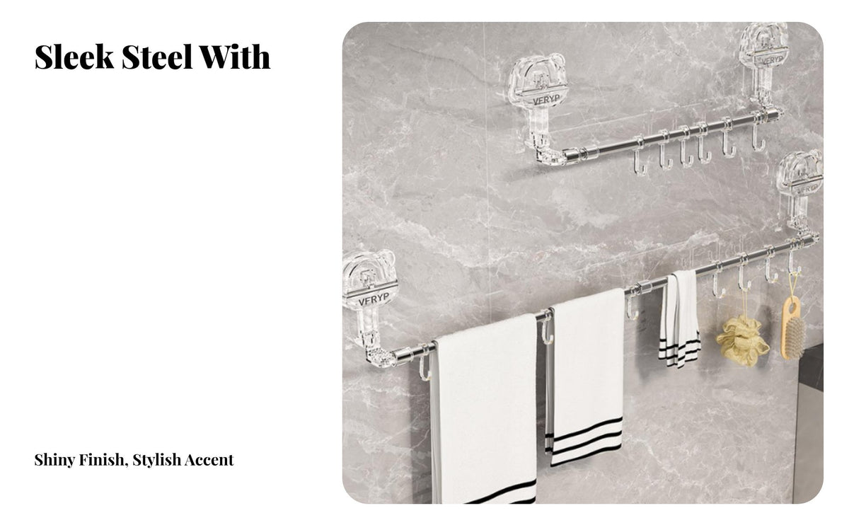 DrillNo-Drill Extendable Suction Bar with Hooks Multi-Functional Towel Hanger Heavy-Duty Bathroom Fixture Reusable for Renters, Homeowners, Families, Laundry Room, Kitchen, Closet