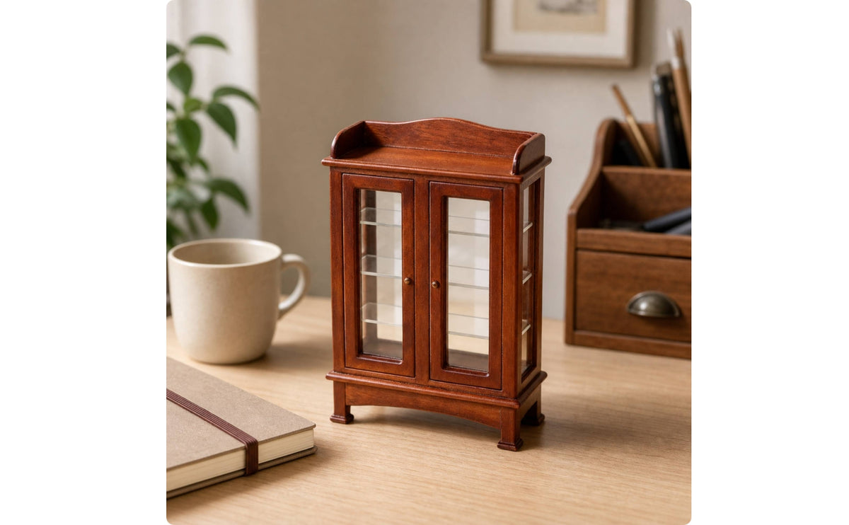Dollhouse Cabinet with Glass Doors Freestanding Miniature Display Cabinet Realistic Miniature Furniture Display Shelf for Miniaturists, Diorama