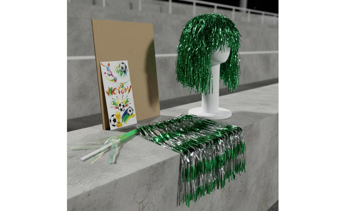 6 Pieces Soccer Fan Costume Set Easy to Wear Football Supporter Props Kit Elastic Waistband Shiny Fringe Skirt and Hairpiece Set for Cheerleaders