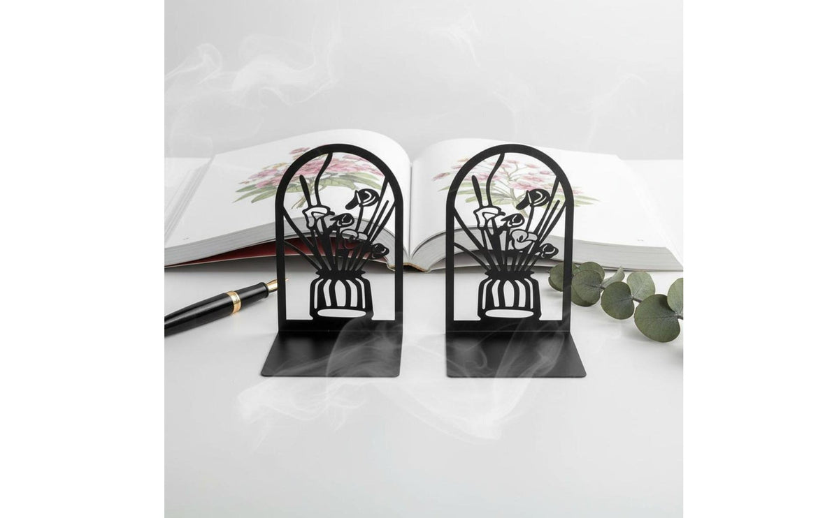 2 Pieces Space Saving Vase Pattern Bookends Sturdy Hollow Floral Book Stand Sturdy Flower Bookend Set for Bookshelf, Desk, Office