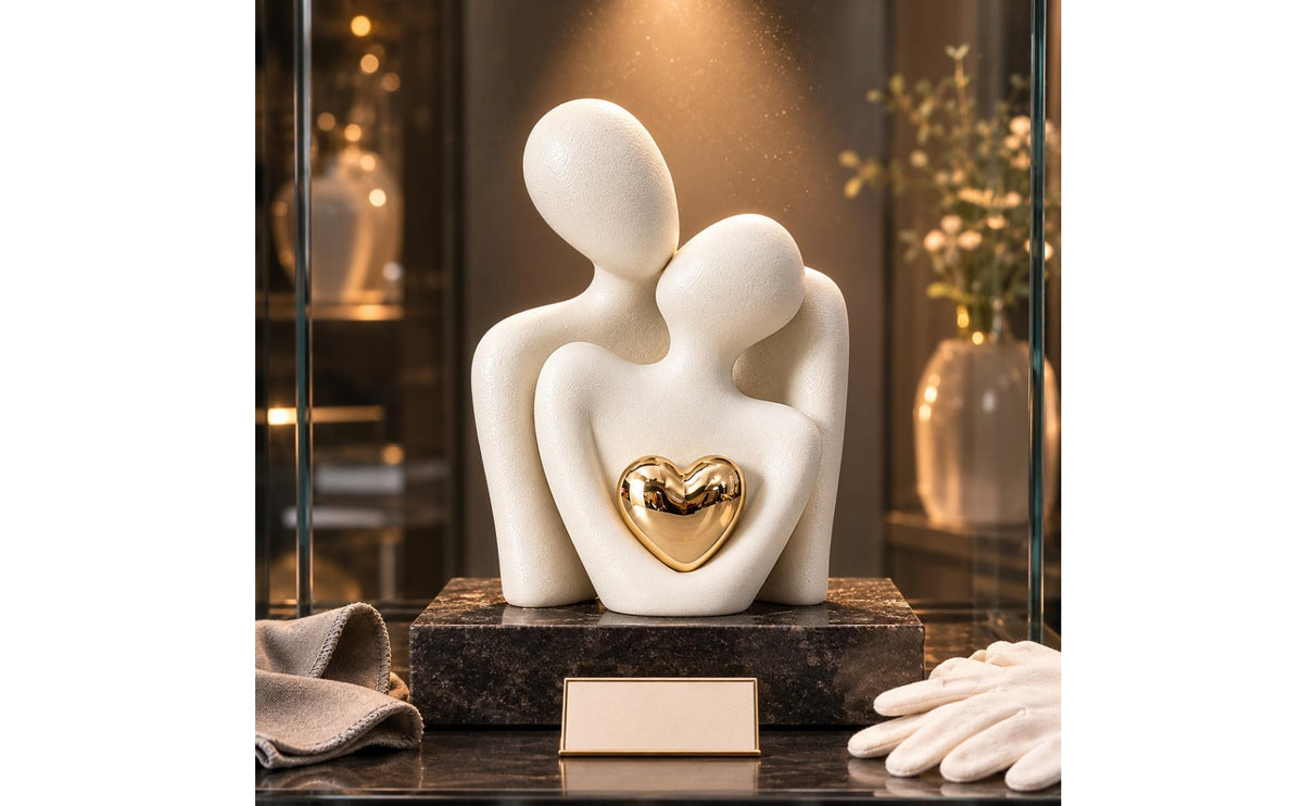 Matte Finish Ceramic Couple Figurine Textured Hugging Couple Figurine Gold Accent Romantic Decor Piece Heart-Shaped for Home