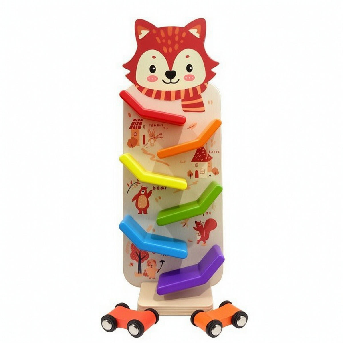 Natural Wood Wooden Car Ramp with Cars Child-Safe Wooden Car Ramp Racer Child-Centered Sliding Track Toy Educational for Toddlers, Preschoolers, Kids, Playroom, Daycare, Classroom