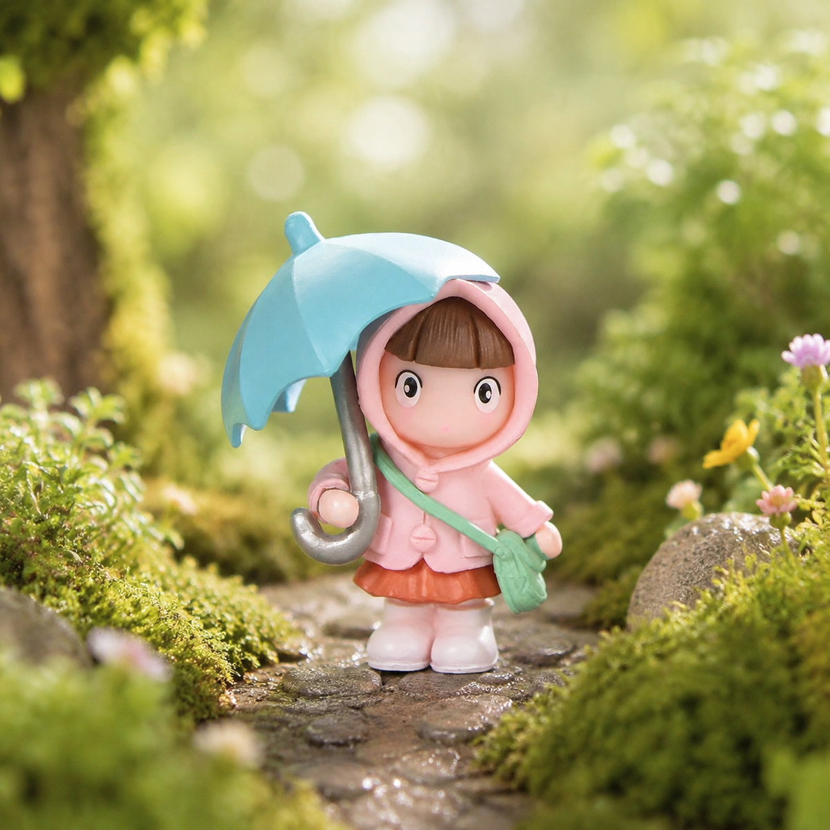 Fairy garden figure set 4, miniature girl with umbrella 4.2x6cm, diorama model building, multicolor plastic figures for cake decoration