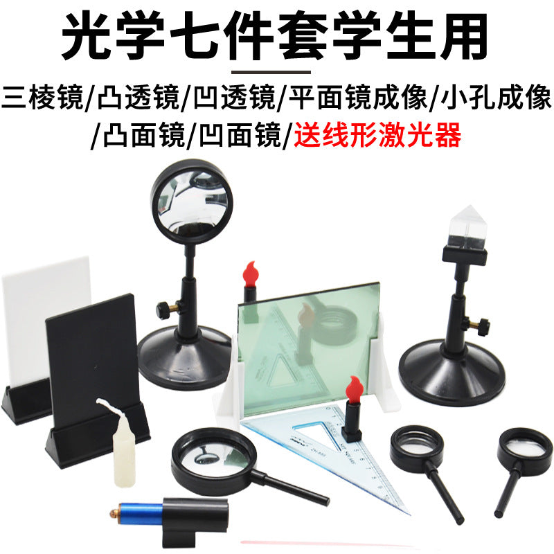 Student Optical Seven-Piece Set: Convex/Concave Lenses, Convex/Concave Mirrors, Prism, Pinhole, Plane Mirror