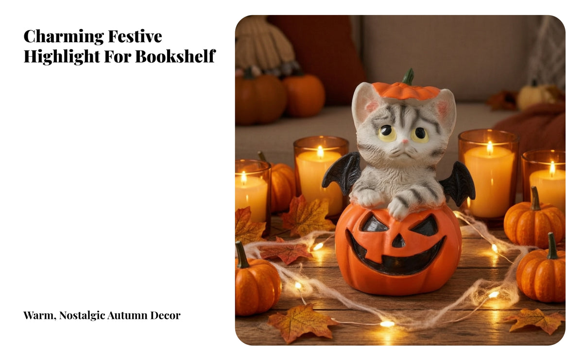 Spooky-Cute Pumpkin Cat Figurine | Detailed Painted Finish Resin Construction, Cat with flying mammal appendages Figurine, for Fireplace Mantel