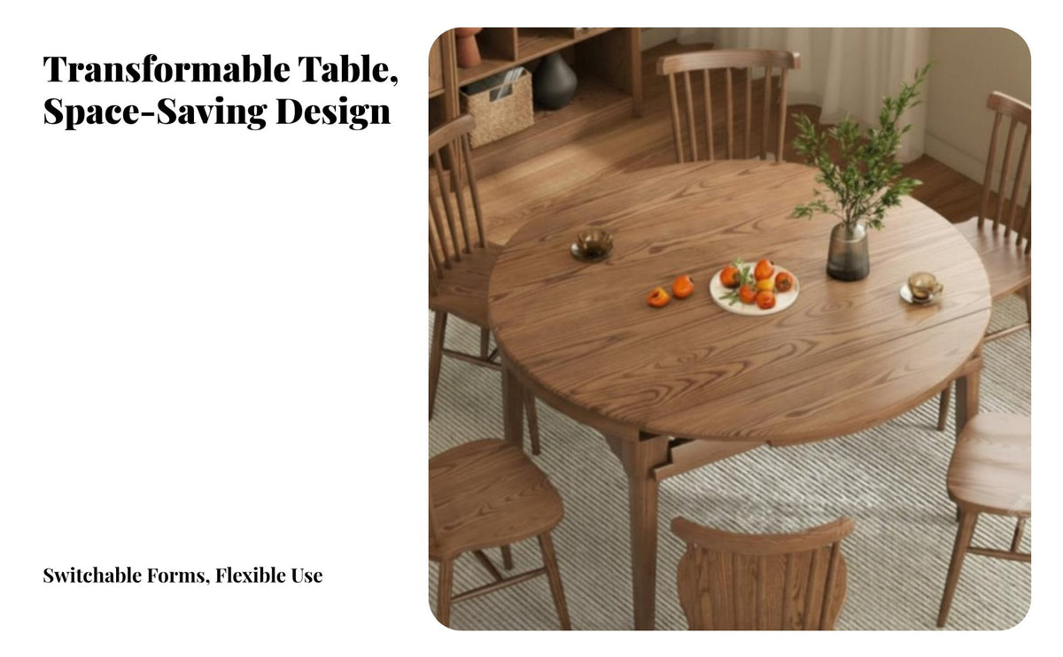 Expandable Design Extendable circular table Space-Saving Extendable Round-to-Oval Table Built-in Lazy Susan Home Furniture Fluted Base for Homeowners, Apartment Dwellers, Dining Room, Family Gatherings, Dinner Parties, Meeting Area