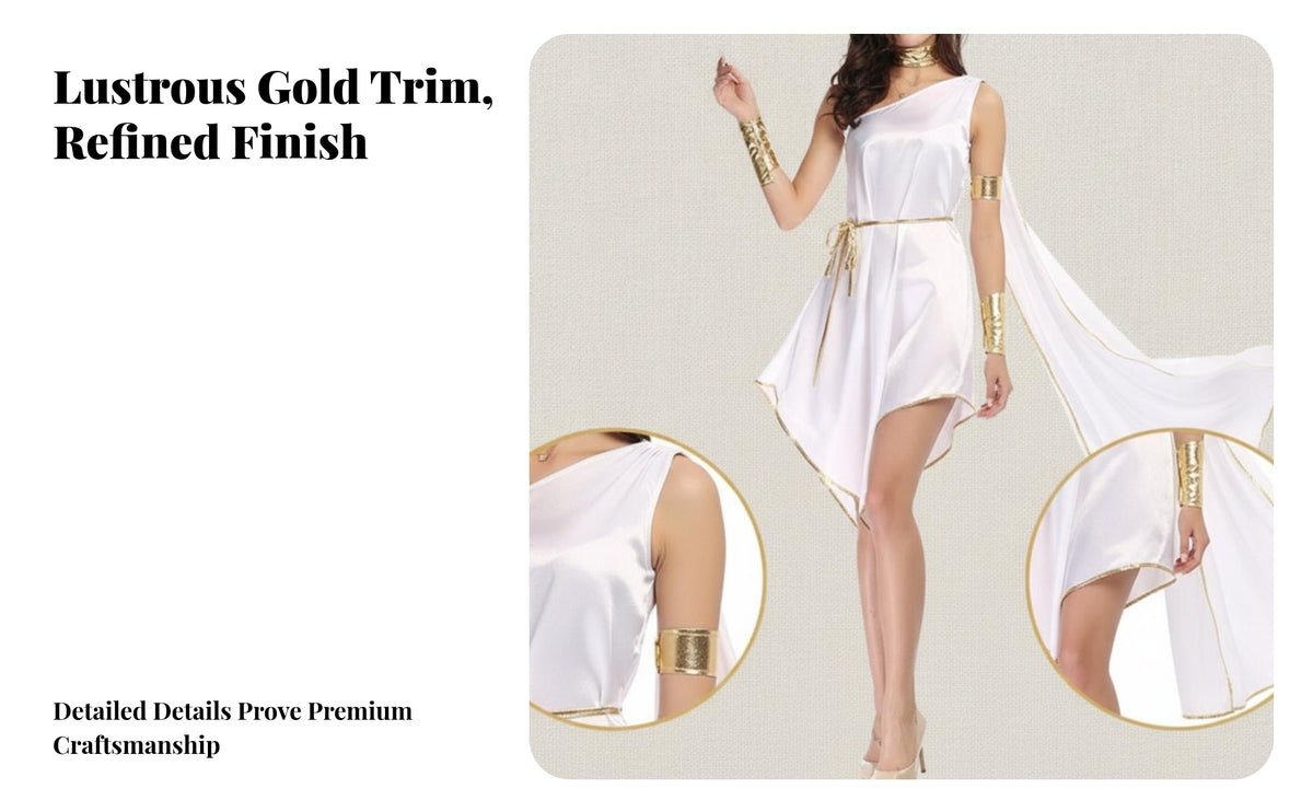 Draped Ancient Roman Costume | cascading Asymmetrical Hem, Greek Toga Costume, Gold Trim Detailing, deity Dress, for Halloween