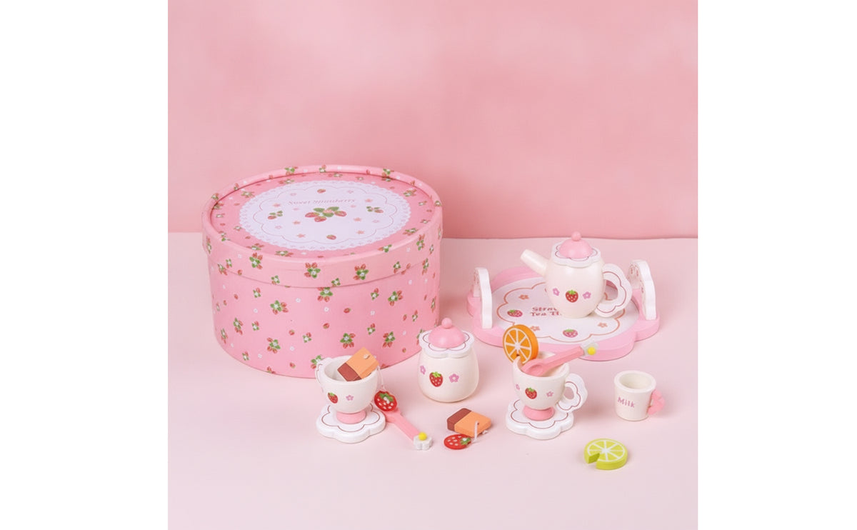 Wooden Toy Tea Set with Storage Box Pretend Tea Set Sturdy Playset Educational for Playroom