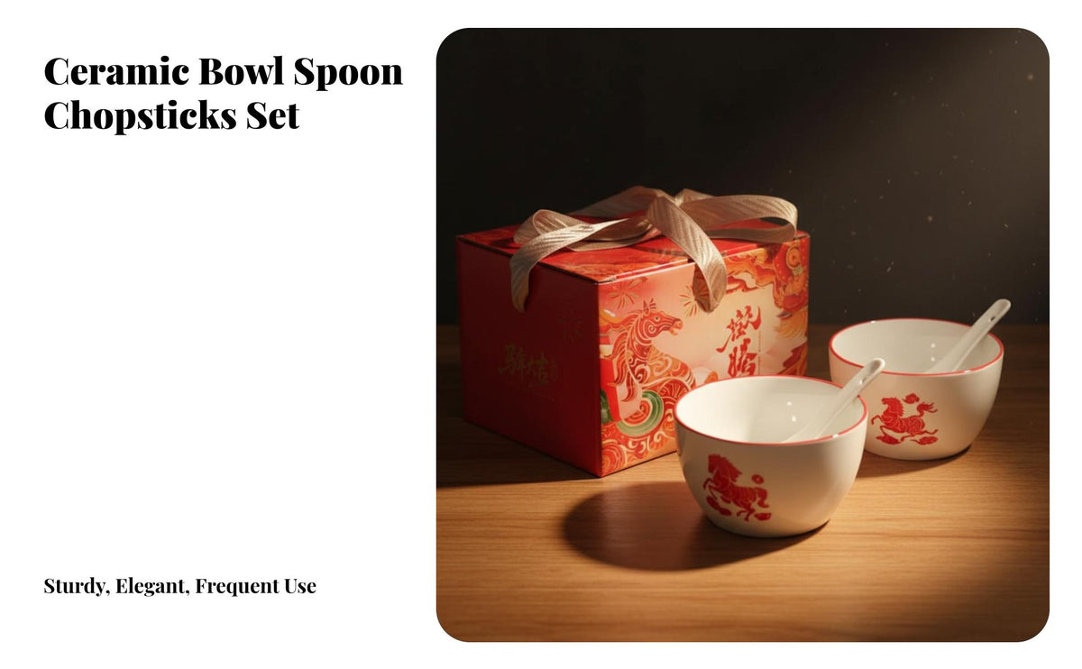 Festive Ceramic Bowl, Spoon & Chopsticks Set, Auspicious Horse Year Design, Gift Box for Business