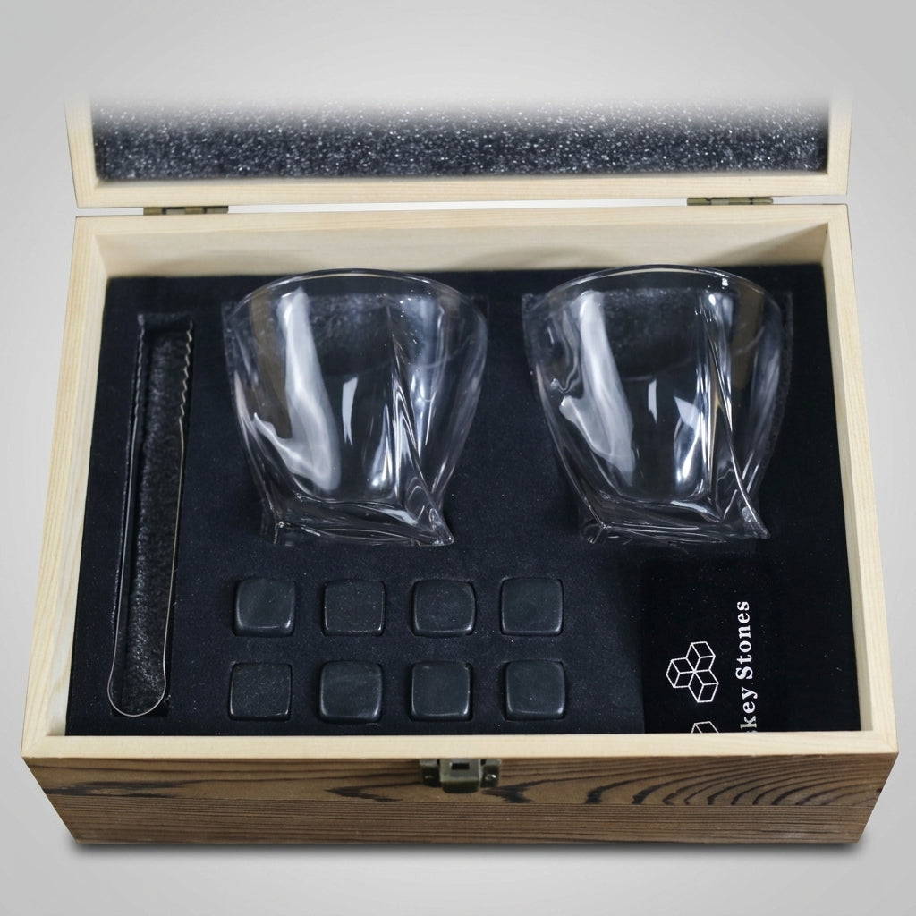 Gift Box with Whisky Gift Set for Birthday Gifts, Premium Wooden Box with 2 Whisky Glass and 8 Whisky Stones, Dad Birthday Gift for Him, 14pc
