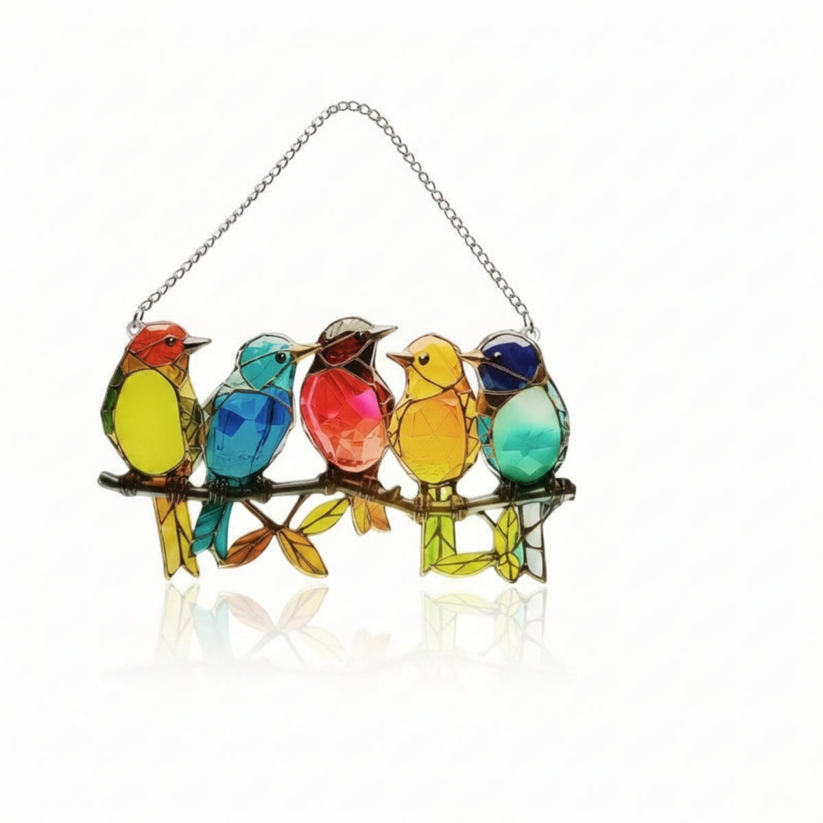 Metal Chain Bird Branch Ornament Faceted Bird on Branch Decoration Removable Film Home Decor Multicolor