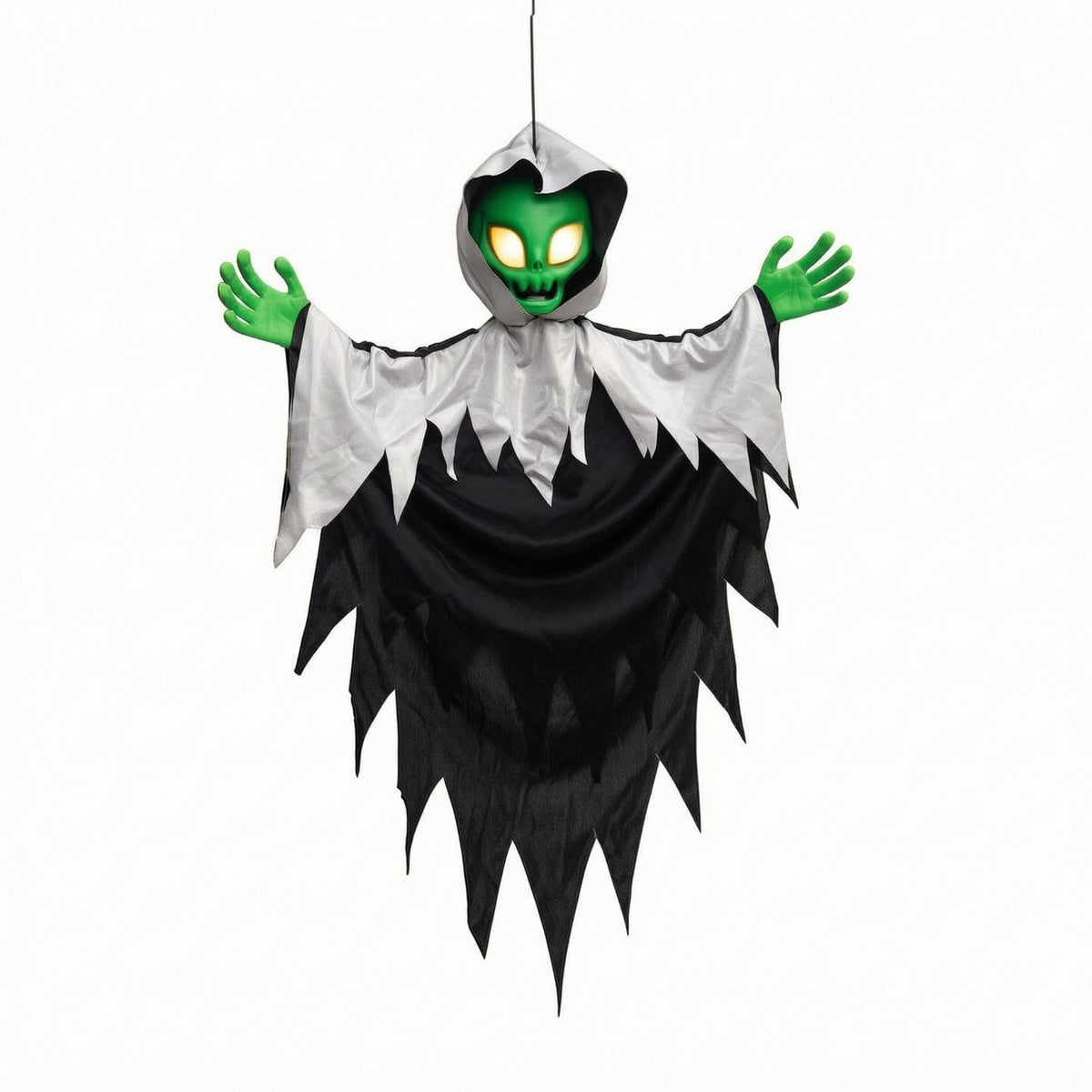 Halloween Hanging Alien Decoration Green Face Sound-Activated Hanging Prop Hooded Ghost Figure Glowing Eyes Spooky Ghost Prop