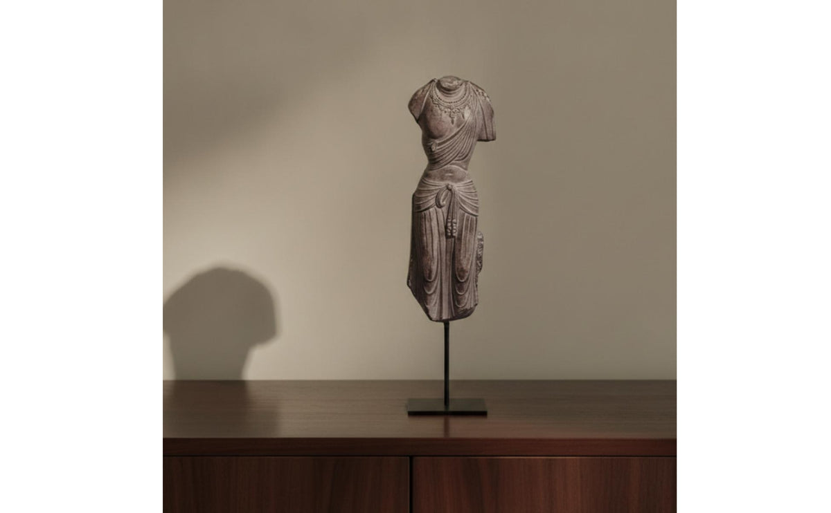 Classical Torso Statue Stone-Look Sculpture with Metal Stand Weathered Resin Torso Figurine for Art Collectors, Entryway Table, Office Desktop