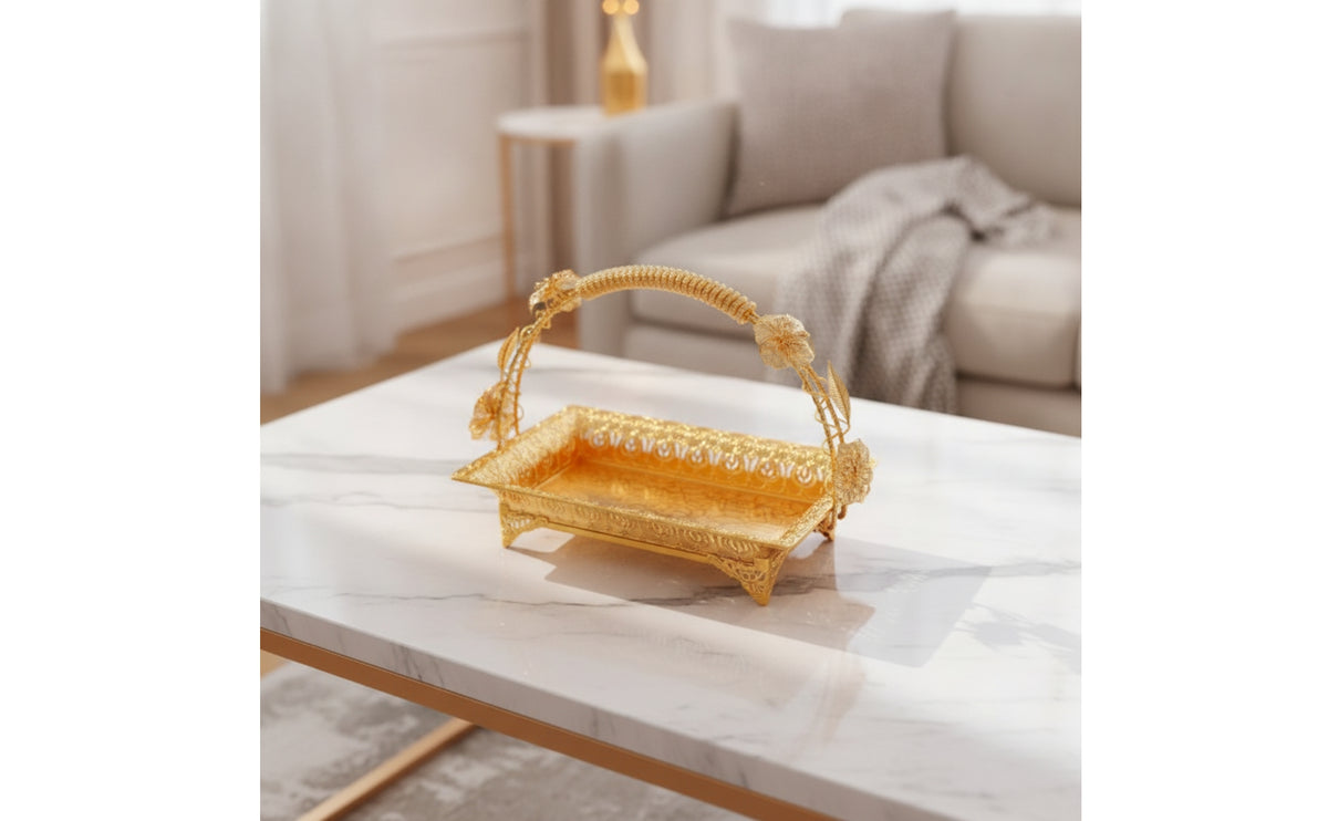 Gold Tray with Handle Ornate Decorative Fruit Tray Vintage Style Tableware for Tea Party