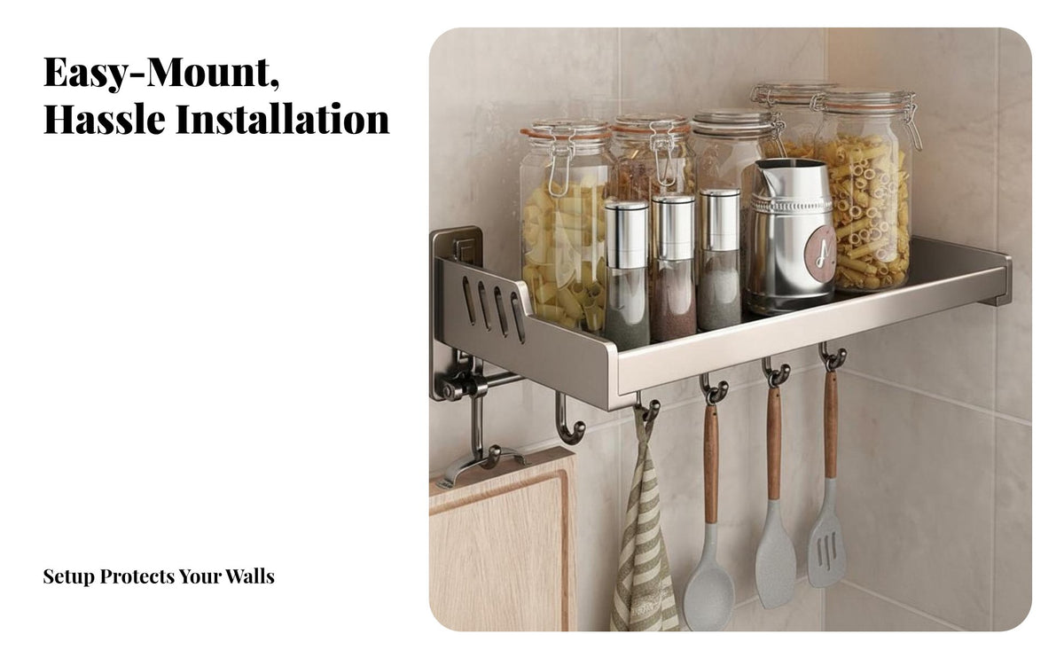 Drillwithout Drilling Installation Wall-Mounted Utility Rack Multi-Functional Floating Utensil Rack Space Saving Kitchen Organizer Modern Design for Home Cooks, Apartment Dwellers, over the Counter, Pantry, Bathroom, Entryway