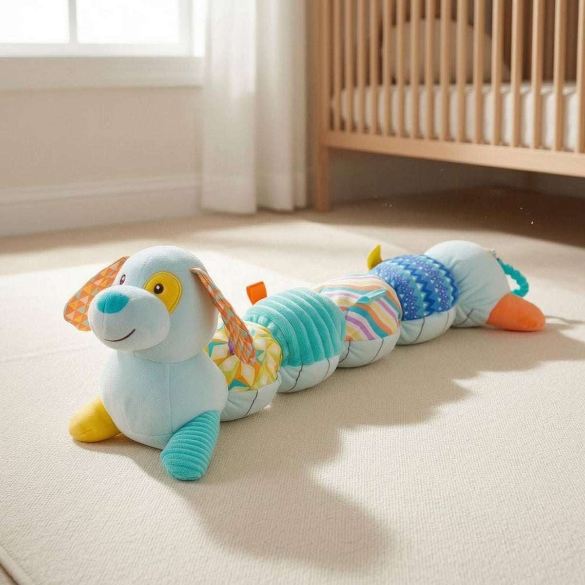 Dog-Shaped Sensory Stuffed Toy for Infants with Varied Textures