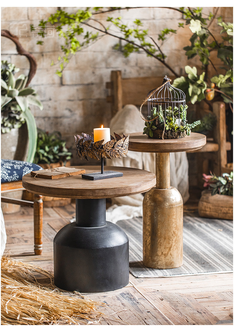 美式复古实木茶几侘寂风圆形客厅沙发边几铁艺工业风阳台小圆桌子 D款 美式沙发边几 黑色