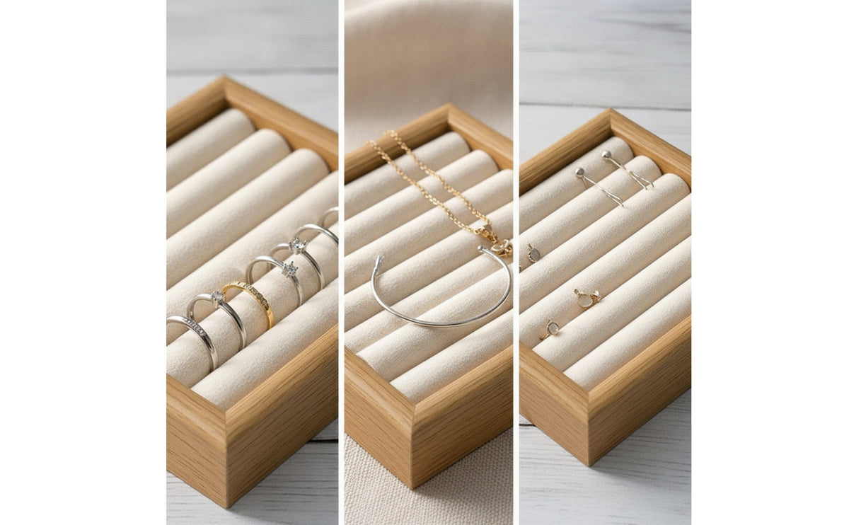 Jewelry Display Tray Wooden Band Display Tray Ribbed for Shop Owners, Vanity, Dresser, Showcase