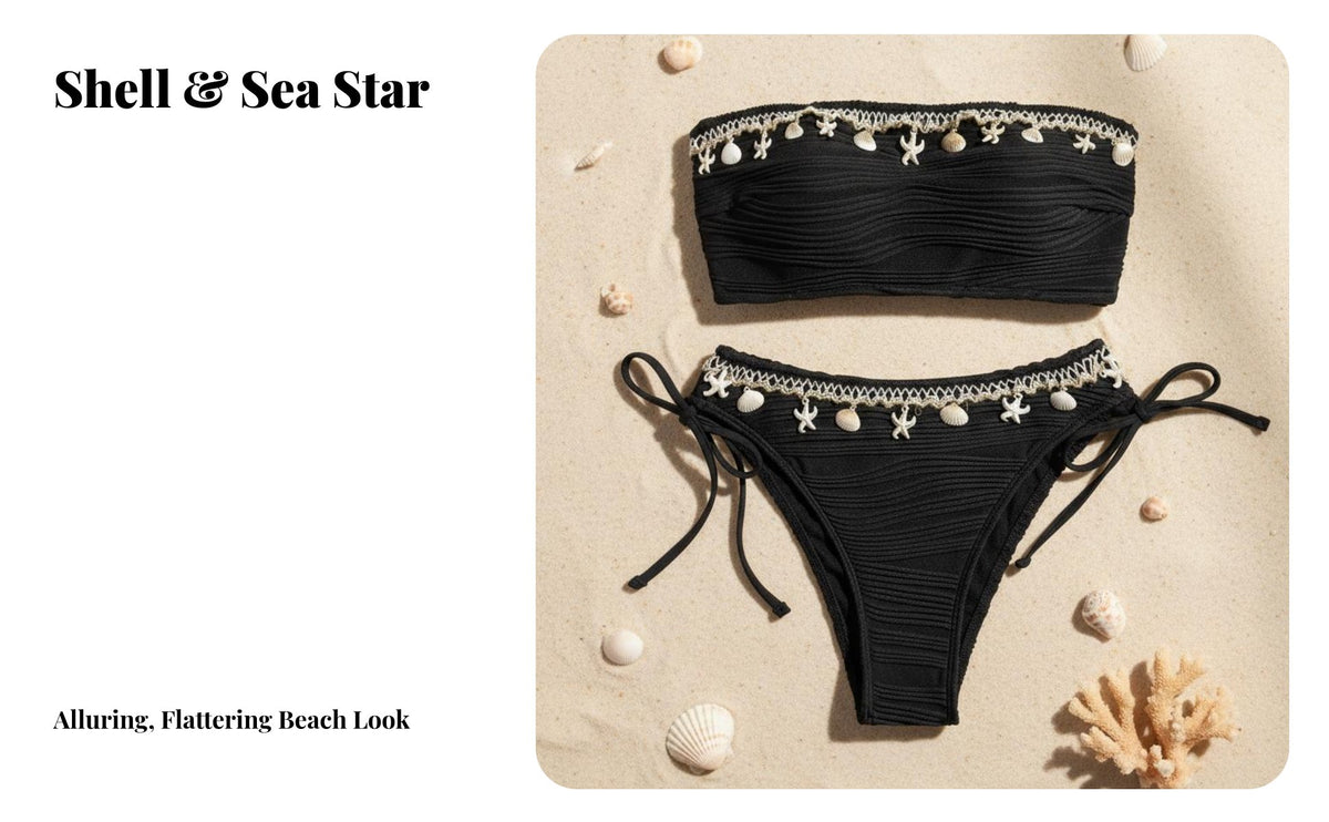 Beach-Themed Trim Bikini Removable Padding Strapless Bandeau Bikini Wire Comfort Solid Color Two-Piece for Young Adults, Teens, Beach, Vacation, Pool