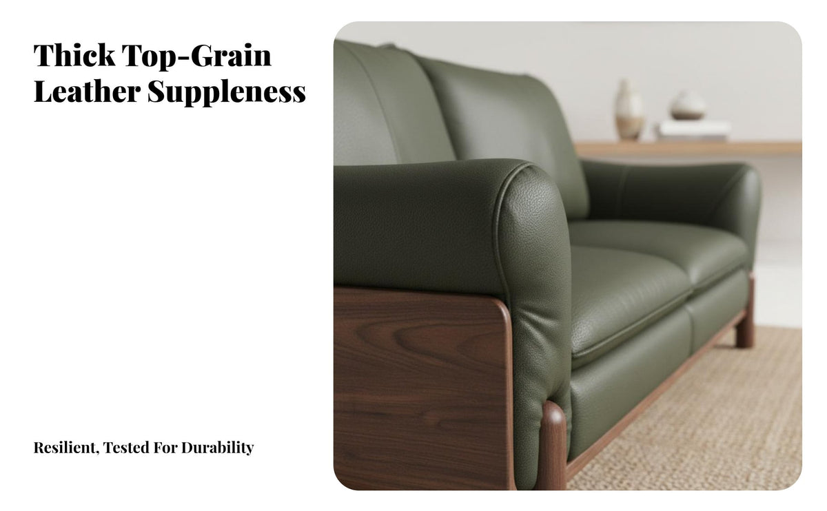 Upholstered Lounge Sofa Genuine Leather Upholstery Wooden Frame Couch Minimalist Design Living Room Furniture for Interior Decorators, Home, Apartment