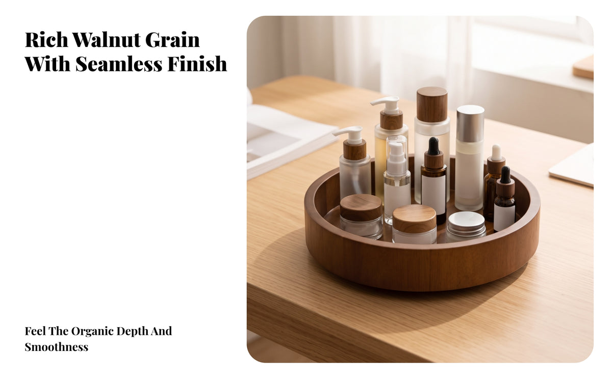 Walnut Brown Wooden Rotating Storage Tray for Cosmetics and Desk Organization