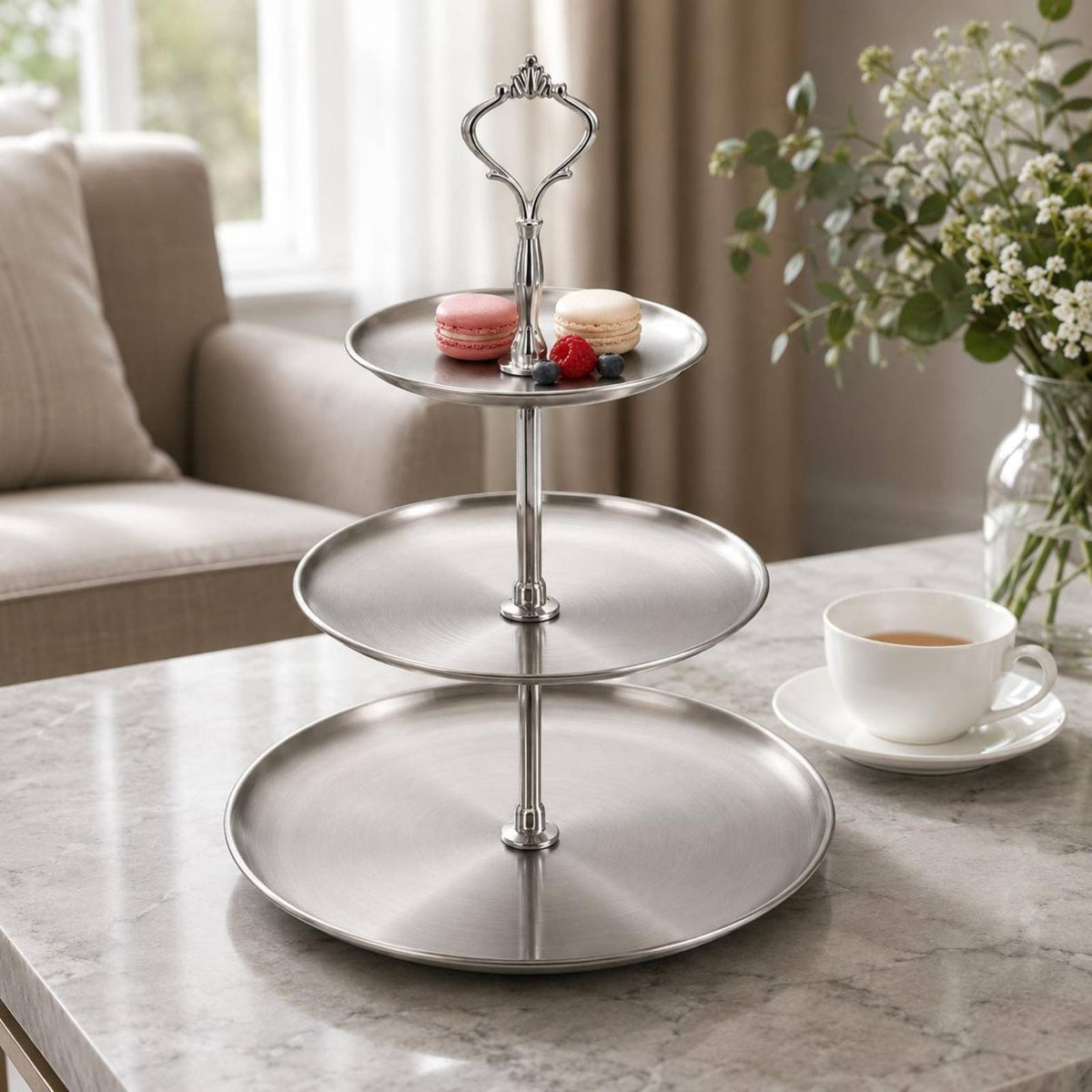 Crown-Shaped Three-Tier Dessert Stand Round Trays Stainless Steel Dessert Stand Raised Edges Cupcake Display Stand 36 Cm Tall for Afternoon Tea
