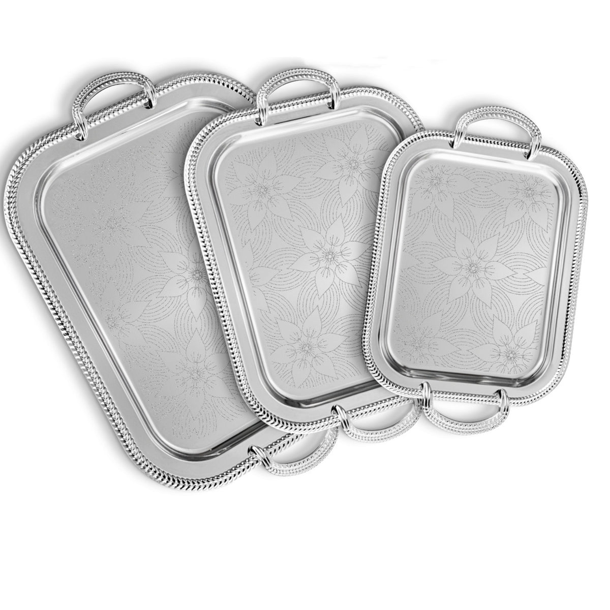 3 Pieces Stainless Steel Serving Tray Rope Beaded Border Tableware Rust Resistant