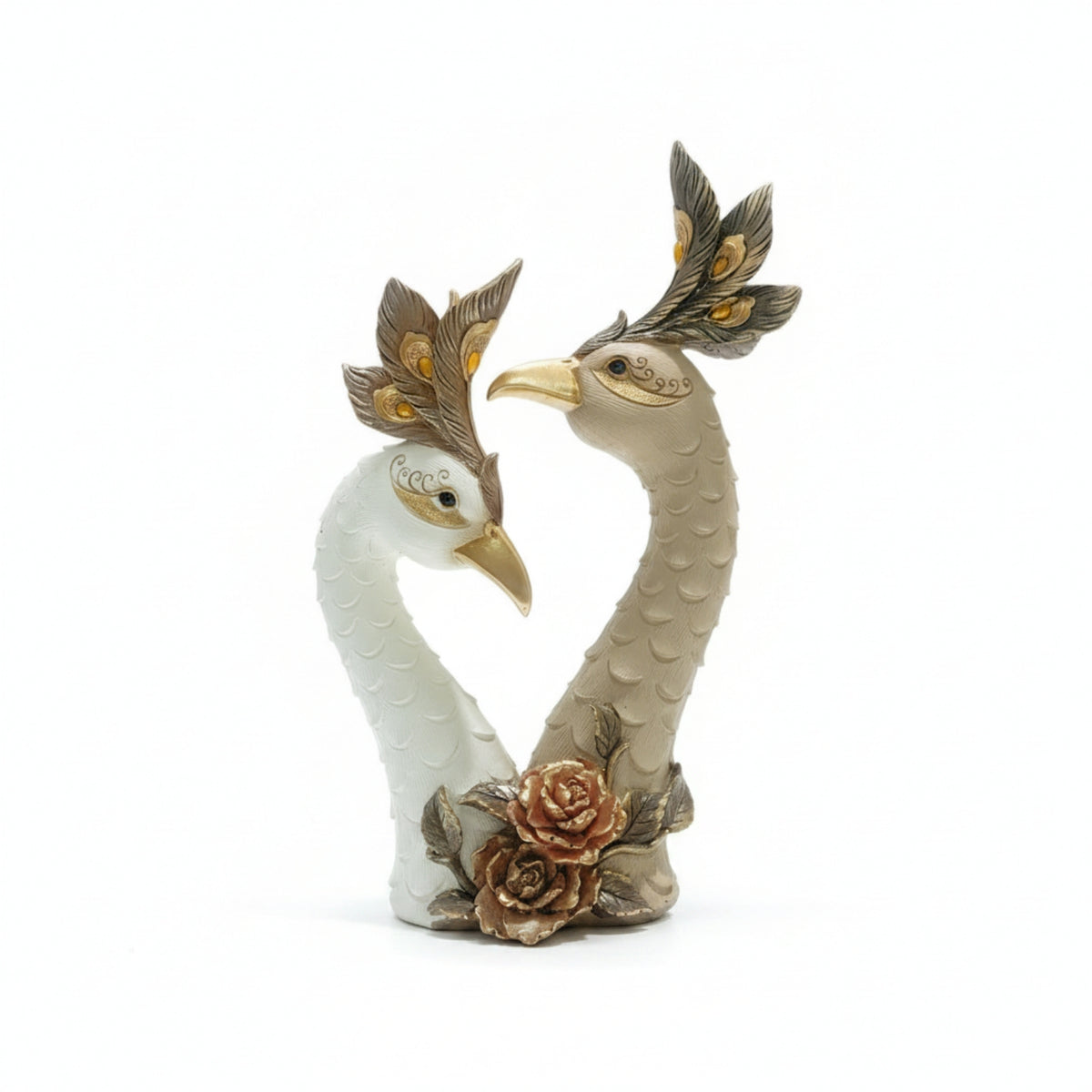 Textured Feathers Intertwined Peacock Statue Ornate Double Peacock Figurine Floral Base for Living Room Cabinet, TV Stand