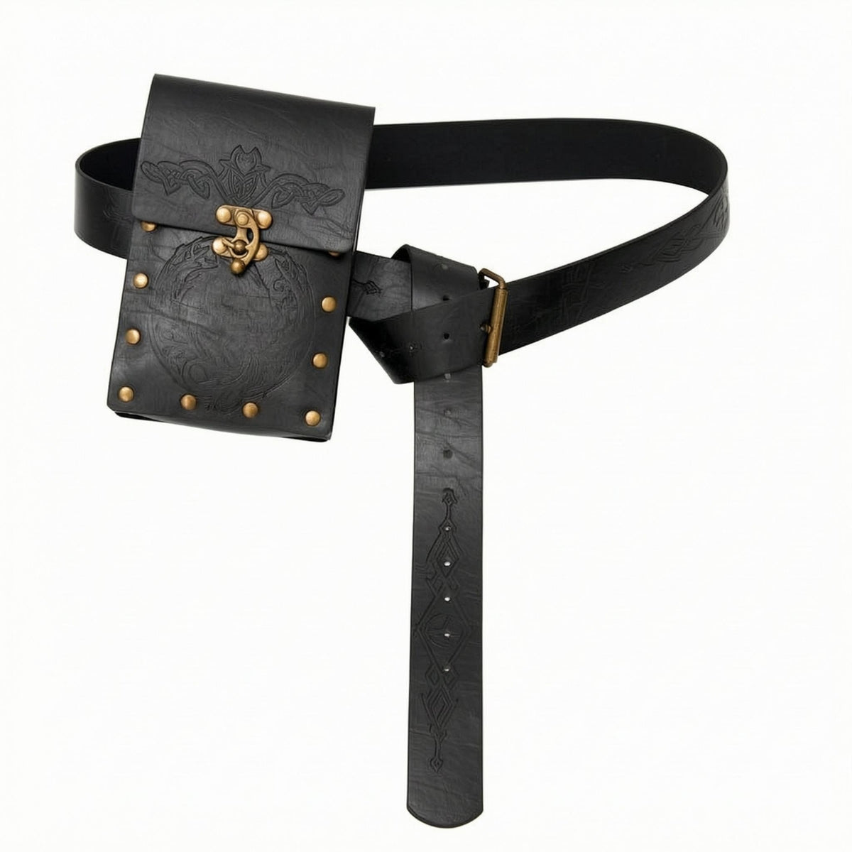 Embossed Pattern Steampunk Waist Pouch Brass-Tone Rivets Adjustable Waist Pouch
