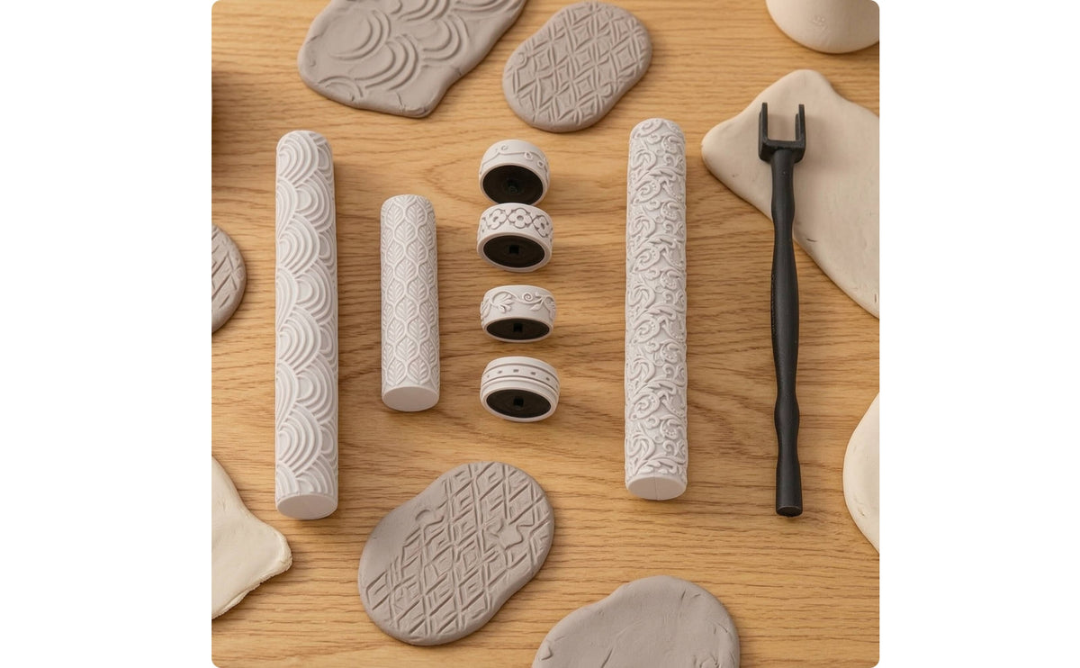 Embossed Clay Roller with Interchangeable Patterns Patterned Clay Texture Roller Textured Pottery Tool Ergonomic for Crafters, Beginners, Cake Decorating, Soap Making