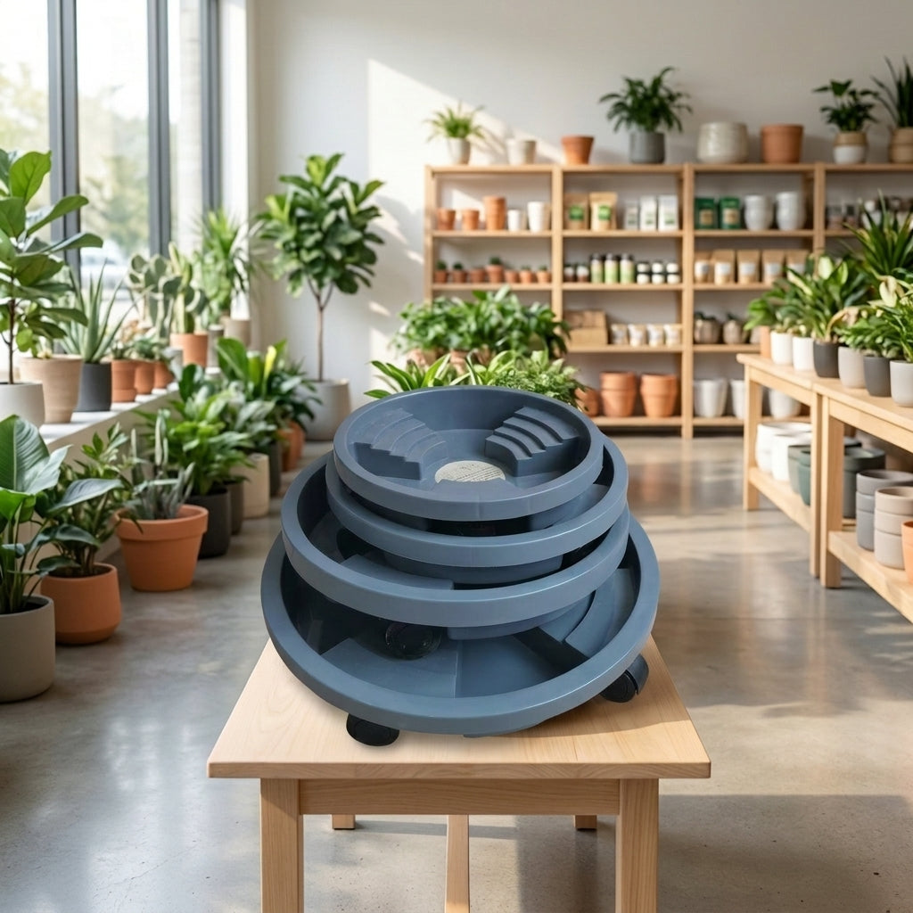 Round Pot Stand with Water Tray, Floor Standing Pot Base, Rolling Pot Tray with Bottom Drainage