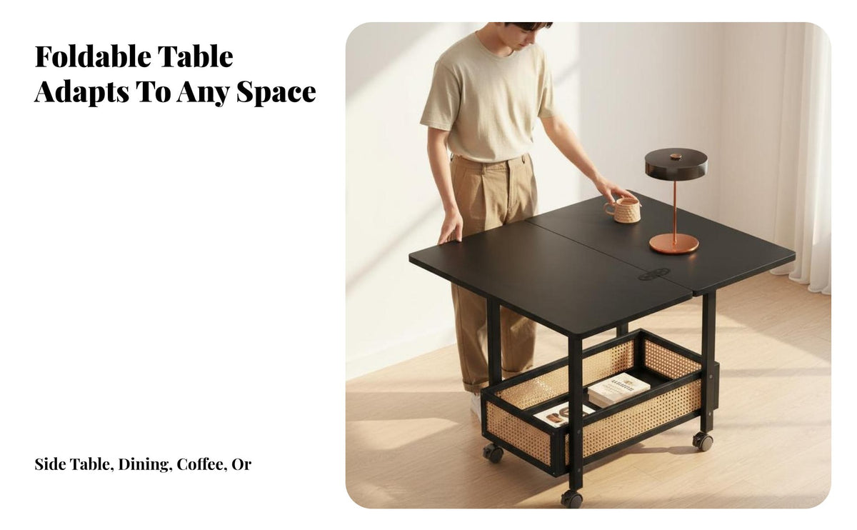 Space Saving Foldable Side Table with Wheels Retro Aesthetic Extendable Coffee Table Cart Multi-Functional Rolling Storage Cart Sturdy Construction for Apartment Dwellers, Office Workers, Living Room, Bedroom, Dining Area, Bathroom