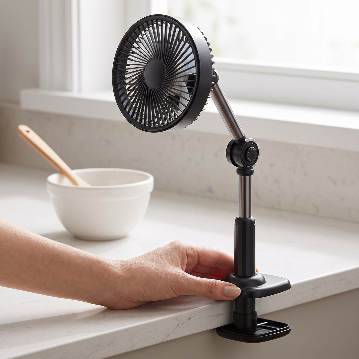 Clip-on Rechargeable Fan with Extendable Arm, Large Airflow, Ultra-Quiet for Desk, Bed, Dorm