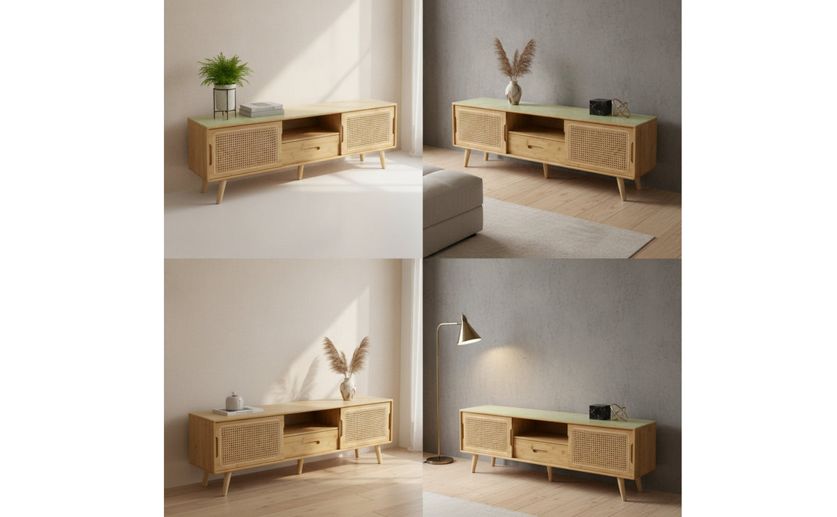 TV Cabinet with Drawer Media Storage Cabinet Console Woven TV Stand with Open Shelves for Living Room