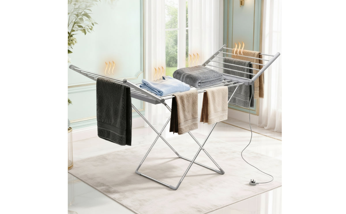 Aluminum Alloy Electric Clothes Drying Rack Wing-Style Heated Drying Rack with UK Plug Compact Heated Clothes Airer Rust-Resistant for Apartments