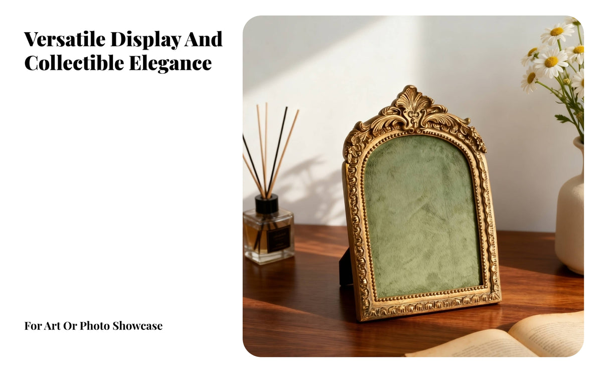 Arched Photo Frame Embossed Floral Ornate Tabletop Frame Gold Colored Table Decoration for Desktop