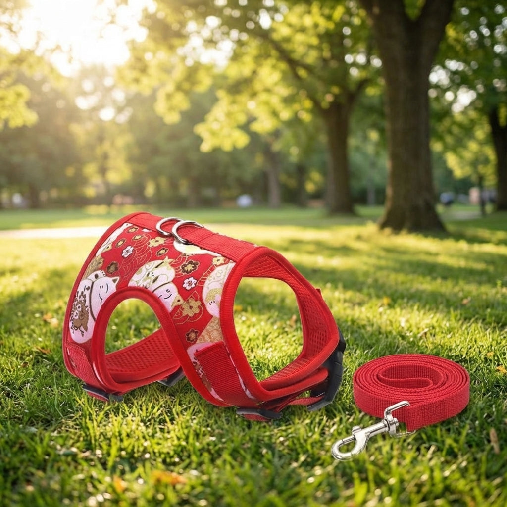 Cat Vest Harness and Leash Set for Walking, Polyester Harness Leash for Outdoor Gear, Non-Retractable Cat Walking Harness, Red, Size M/L