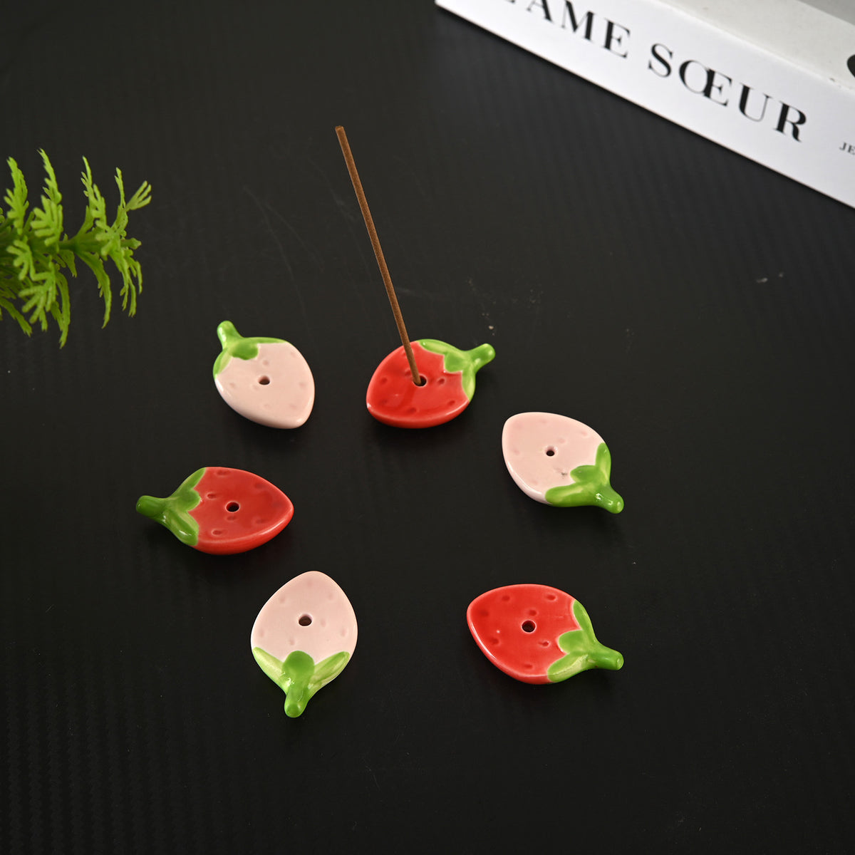 Strawberry Ceramic Incense Holder for Stick Incense, Mini Zen Decor for Bedroom & Tea Table