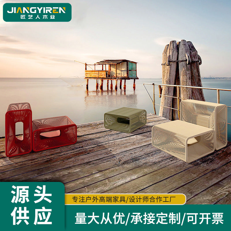 Outdoor Woven Rope Lounge Chair and Ottoman Set for Patio Garden Balcony