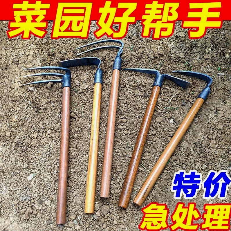 German Forged Garden Hoe and 3-Tine Rake Set for Digging, Planting, and Weeding