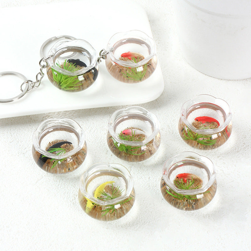 Miniature Fish Tank Keychain Ornament with Artificial Sand and Koi Fish