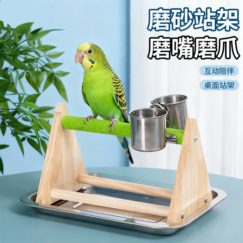 Parrot Play Stand with Perch and Feeder Cups for Small Birds, Cockatiels, Parakeets, Solid Wood Tabletop Toy