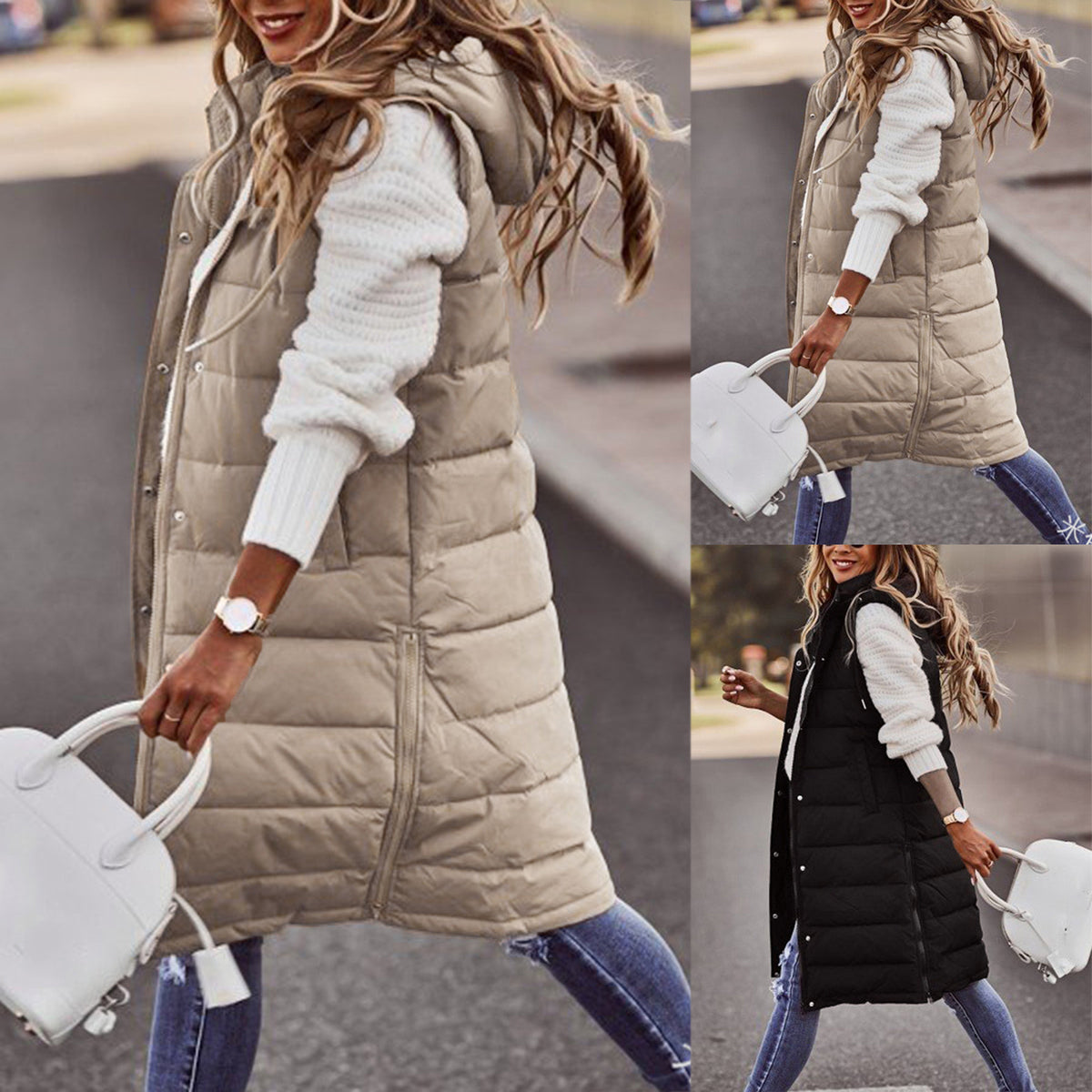 Women's Solid Color Hooded Single-Breasted Mid-Length Cotton Vest