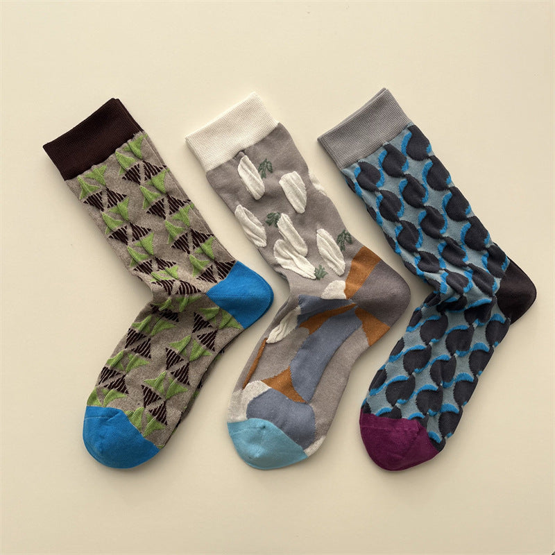 Women's Mid-Calf Geometric Pattern Socks, Japanese Retro Irregular Color Block Trendy Pile Socks